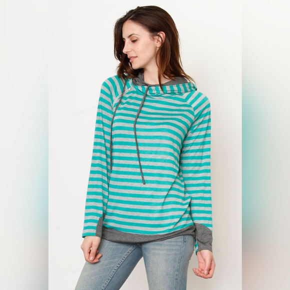 NEW Egs by éloges Green & Gray Two Tone Stripe Zip Accent Hoodie Small - Picture 2 of 10